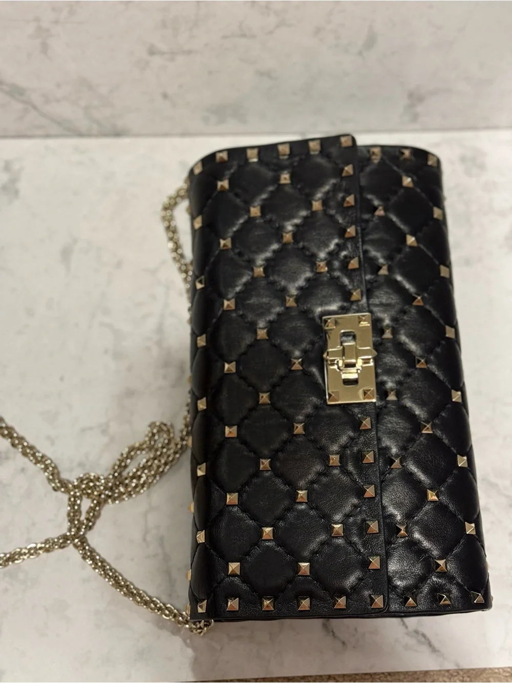 Valentino Garavani Black Quilted Studded Clutch - chain with Gold Hardware
